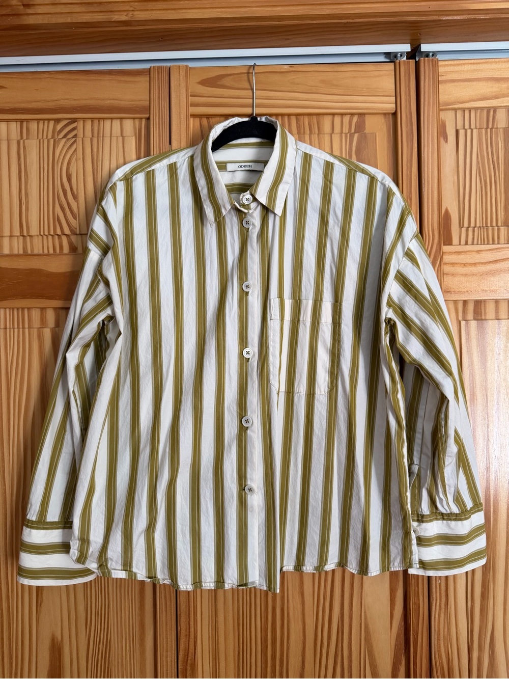 ODEEH Striped Gold and White Women’s Button-Up Shirt